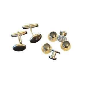 Unmarked Round Black Onyx Inlaid Silver Tone Cufflinks & 5 Matching Tuxedo Studs